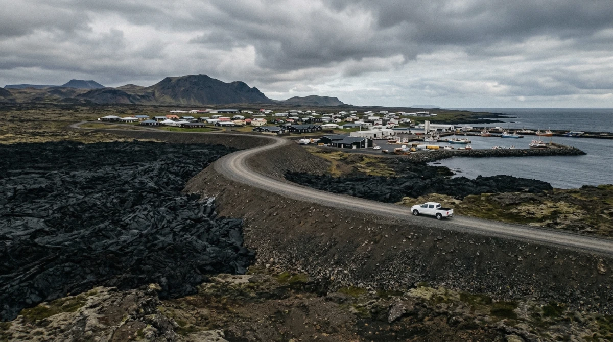 The earth defence barrier above Grindavík with cooled lava piled against it, seen on a Fagradalsfjall volcano tour, Iceland