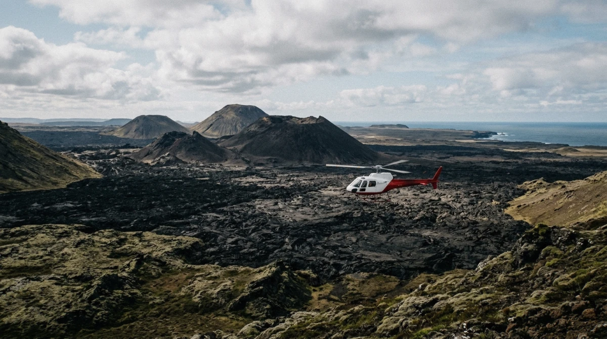A helicopter over the cooled Reykjanes lava fields on a Fagradalsfjall volcano helicopter tour, Iceland