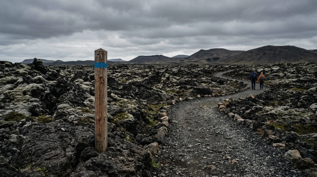 A waymarked gravel path across cooled lava on a Fagradalsfjall volcano tour hike, Reykjanes, Iceland