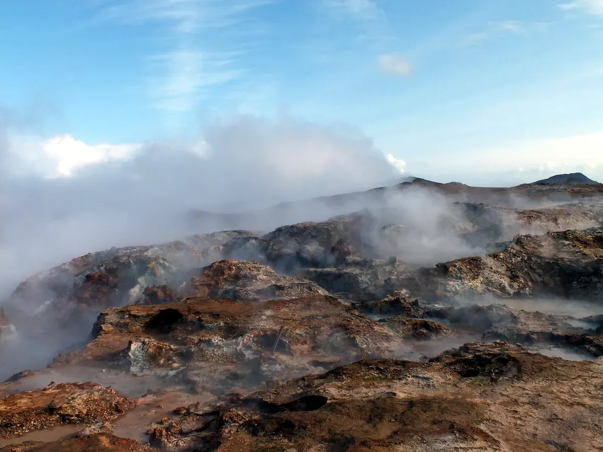 Steaming mud pools at Gunnuhver hot spring near Fagradalsfjall volcano tours, Reykjanes Peninsula